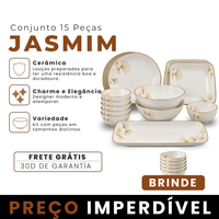 Conjunto de 15 Peças de Louça em Cerâmica Jasmim com Estampa Floral +BRINDES: 5  Mini Tigelas Extras
